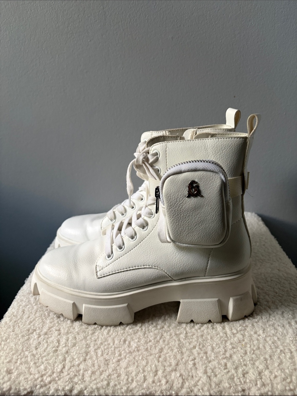 Steve Madden Chunky Platform Combat Boots with Removable Pocket - White